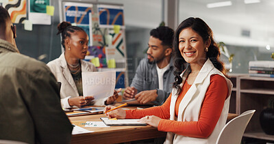 Buy stock photo Portrait, leader and woman with group, office or event planner with project, smile or collaboration. Happy, coordinator or person with colleagues for budget update, schedule and confident in business
