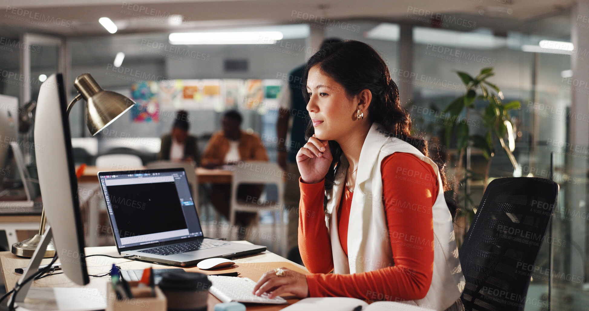 Buy stock photo Woman, graphic designer and thinking with computer at office with review, decision or project management. Person, PC and typing for marketing proposal, insight and inspiration at creative agency