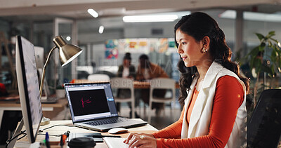 Buy stock photo Woman, graphic designer and typing with computer at office with review, decision or project management. Person, pc and solution for marketing proposal, insight and inspiration at creative agency