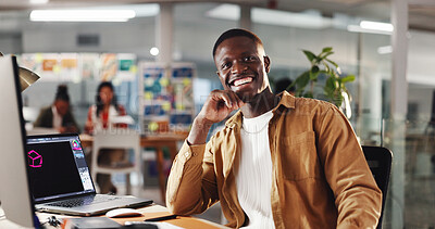 Buy stock photo Graphic designer, happy and portrait of man in office for web development, website and ui design. Creative worker, digital tech and person with computer for online research, planning and internet