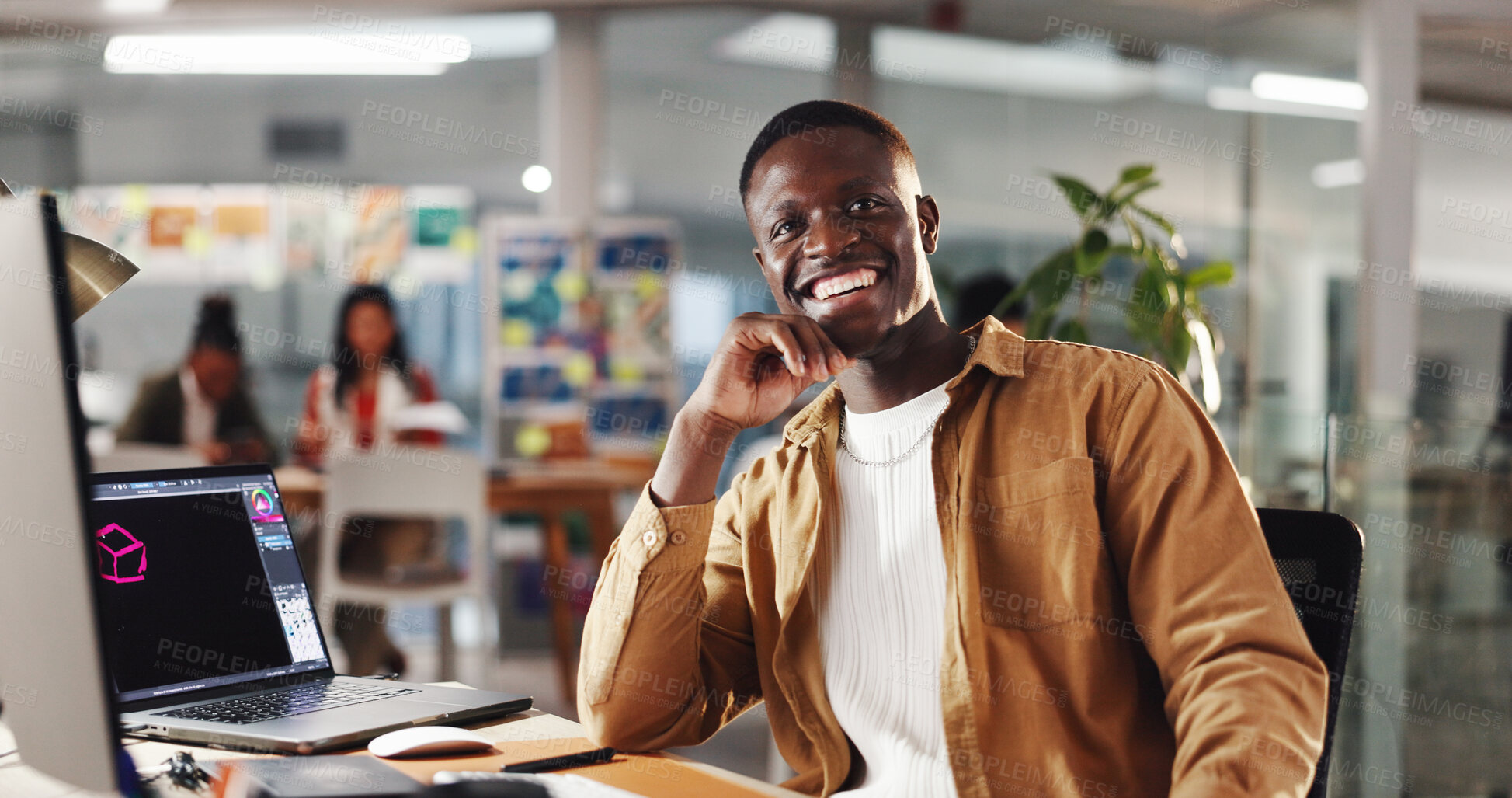 Buy stock photo Graphic designer, happy and portrait of man in office for web development, website and ui design. Creative worker, digital tech and person with computer for online research, planning and internet