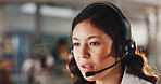Woman, consultant and talking with headset in call center for online communication or advice in office. Female person, agent or employee speaking with mic for customer service or virtual assistance