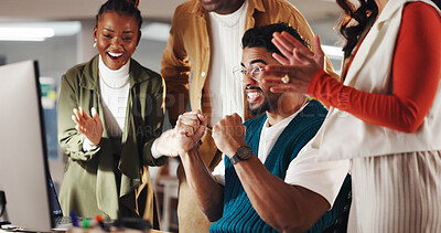 Buy stock photo Excited business people, computer and applause in promotion, announcement or success in office. Group of employees, clapping and celebration for partnership, prize or workplace funding approval