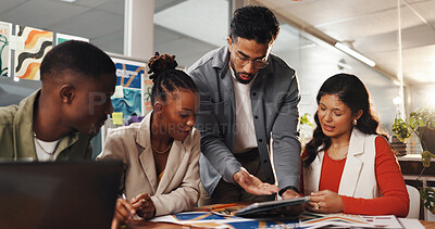 Buy stock photo Creative, tablet and man with team in meeting for planning, brand layout and project ideas. Digital agency, collaboration and workers brainstorming on tech for design process, feedback and strategy