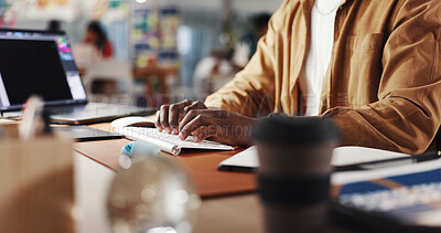 Buy stock photo Graphic designer, typing and hands of man in office for web development, website and ui design. Creative agency, digital tech and person with computer for online research, planning and internet