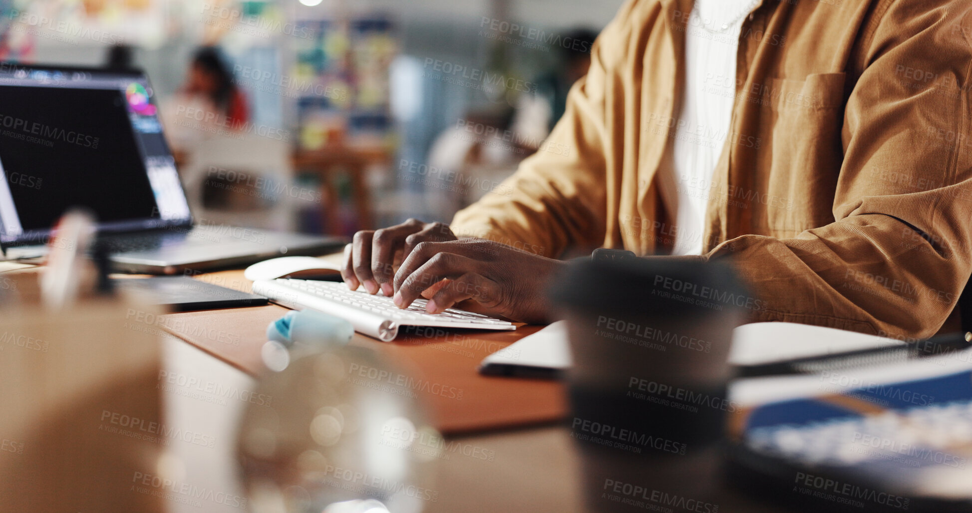 Buy stock photo Graphic designer, typing and hands of man in office for web development, website and ui design. Creative agency, digital tech and person with computer for online research, planning and internet