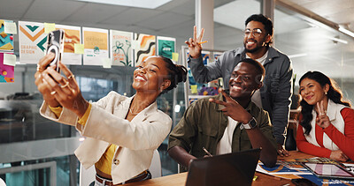 Buy stock photo Happy people, creative group or peace sign with selfie for photography, picture or memory in office. Excited, employees or colleagues with smile or emoji for capture moment or friendship in workplace
