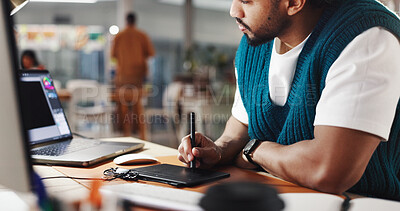 Buy stock photo Graphic designer, drawing and man with tablet in office for web development, website or ui design. Creative agency, digital tech and person with computer for online research, planning or illustration