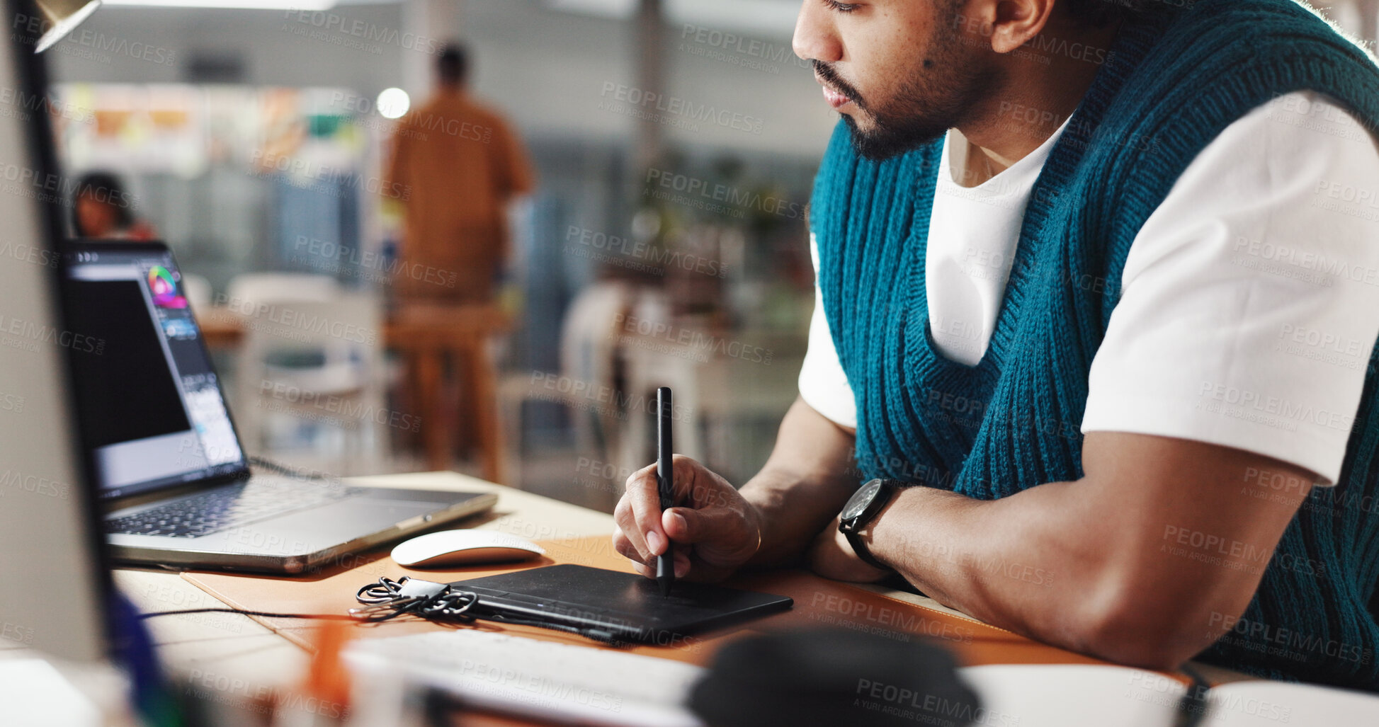 Buy stock photo Graphic designer, drawing and man with tablet in office for web development, website or ui design. Creative agency, digital tech and person with computer for online research, planning or illustration