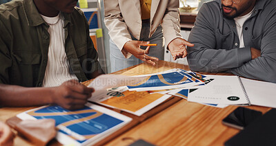 Buy stock photo Graphic design, meeting or people with paperwork in office for logo planning, layout draft or ideas. Digital agency, teamwork or creative employees with sample review for campaign feedback or project