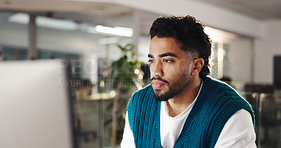 Buy stock photo Business, thinking and man with computer, online reading and research for news report. Person, employee and journalist in workplace, pc and editing with deadline, creativity and email with feedback