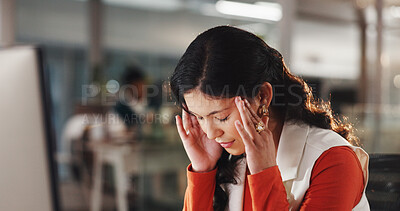 Buy stock photo Woman, computer and headache in office with stress, creativity burnout and frustrated with pain. Graphic designer, migraine and tech in agency with brain fog, tension and overwhelmed with anxiety