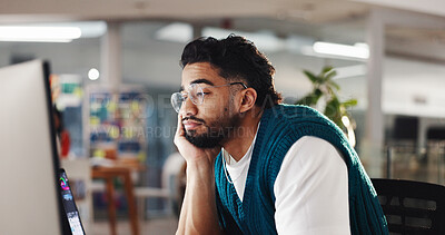 Buy stock photo Sleepy, employee and man with computer, office and bored with project on website, tired and burnout. Exhausted, graphic designer and person with tech for task, lazy and overworked in creative agency