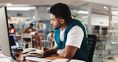 Buy stock photo Graphic design, drawing and man with tablet in office for web development, website or ui designer. Creative agency, digital tech and person with computer for online research, planning or illustration