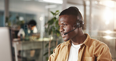 Buy stock photo Black man, consultant and talking with headset for communication or online advice in office. African agent, male person or consulting with mic for telecommunication, help or virtual assistance