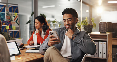 Buy stock photo Office, employee and man with phone, texting and communication with contact on social media and app. Online, message or person with mobile for chat, typing or network on website with tech in business