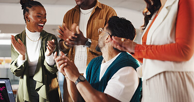 Buy stock photo Excited business people, clapping hands and smile in promotion, announcement or success in office. Group of employees, applause and celebration for partnership, prize or workplace funding approval