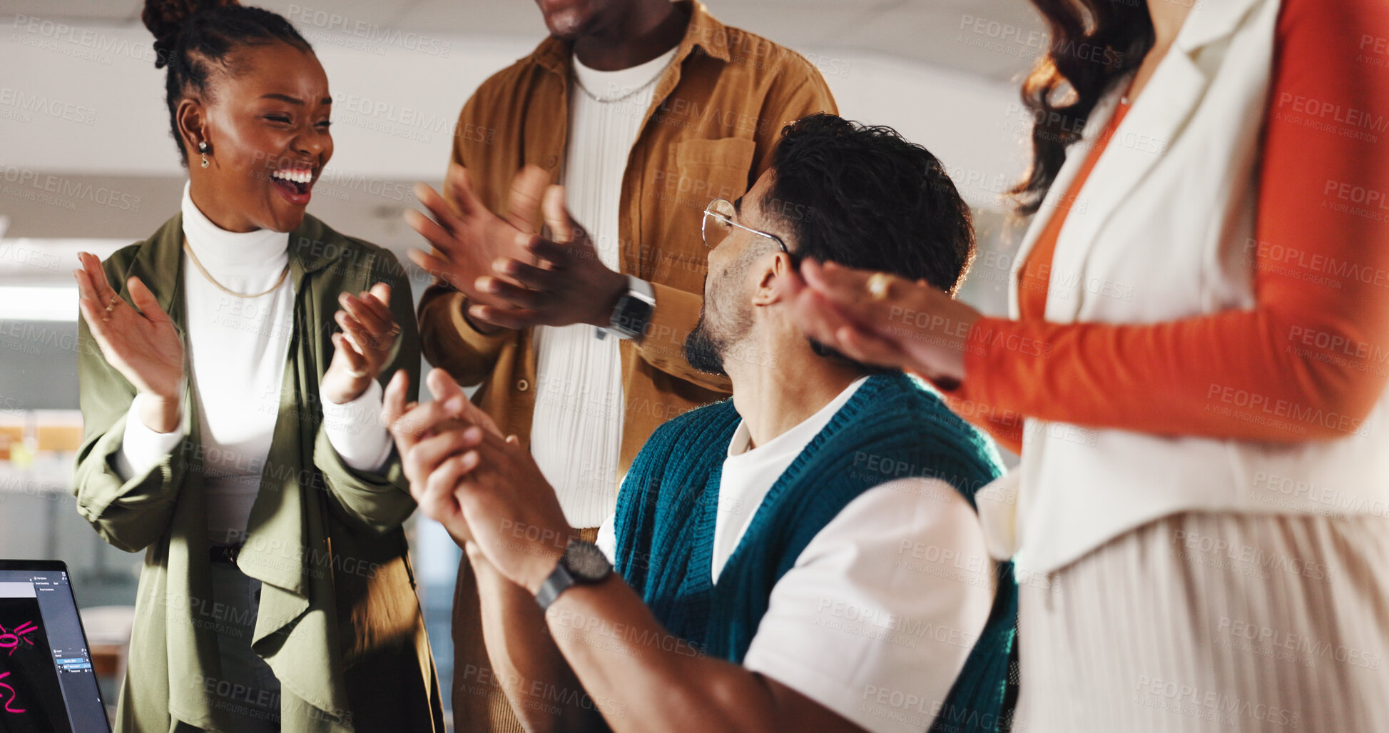 Buy stock photo Excited business people, clapping hands and smile in promotion, announcement or success in office. Group of employees, applause and celebration for partnership, prize or workplace funding approval