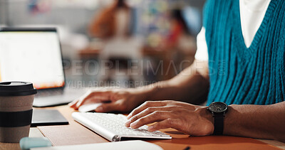 Buy stock photo Computer, research and hands of business person in office for planning, web designer and email report. Project briefing, homepage ui and typing with employee in media agency for update and review