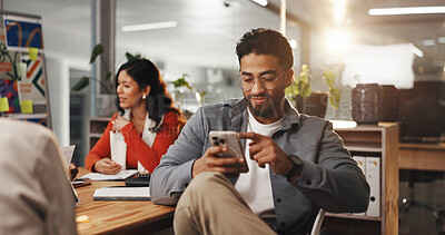 Buy stock photo Creative man, meeting and message in office for graphic design, planning and research. Digital agency, communication and employee with tech, social media and ideas for website, UI project or homepage