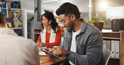 Buy stock photo Team, creative and man with tablet for graphic design, project and research in office. Digital agency, happy and workers in meeting with tech, planning and ideas for website, UI and homepage info