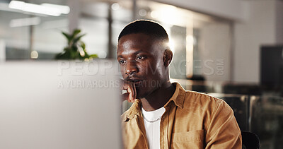 Buy stock photo Business, thinking and black man with computer, online reading and research for article. African person, employee and journalist in workplace, pc and editing with deadline, solution and copywriting
