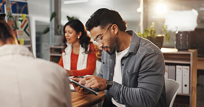 Buy stock photo Team, creative office and man with tablet for graphic design, planning and research. Digital agency, marketing business and workers with tech, meeting and ideas for website, ui and online project