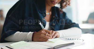 Buy stock photo Woman, hands or student writing with book in classroom for education, learning or studying. Closeup, female person or academic learner taking notes with notebook for project, assessment or curriculum