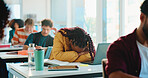 Sleeping, education and tired with woman in classroom for failed exam, student stress and adhd crisis. College burnout,  dreaming and lecture with person with a learning disability for test anxiety