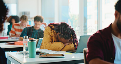 Buy stock photo Sleeping, education and tired with woman in classroom for failed exam, student stress and ADHD crisis. College burnout, dreaming and lecture with person with a learning disability for test anxiety
