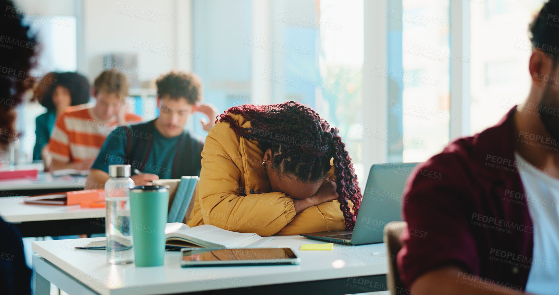 Buy stock photo Sleeping, education and tired with woman in classroom for failed exam, student stress and ADHD crisis. College burnout, dreaming and lecture with person with a learning disability for test anxiety