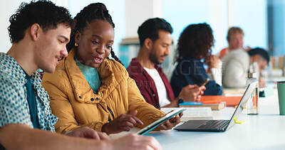 Buy stock photo University, tablet and students in classroom, help and knowledge with research for project. People, men and women with tech, college and learning with development, scholarship and conversation