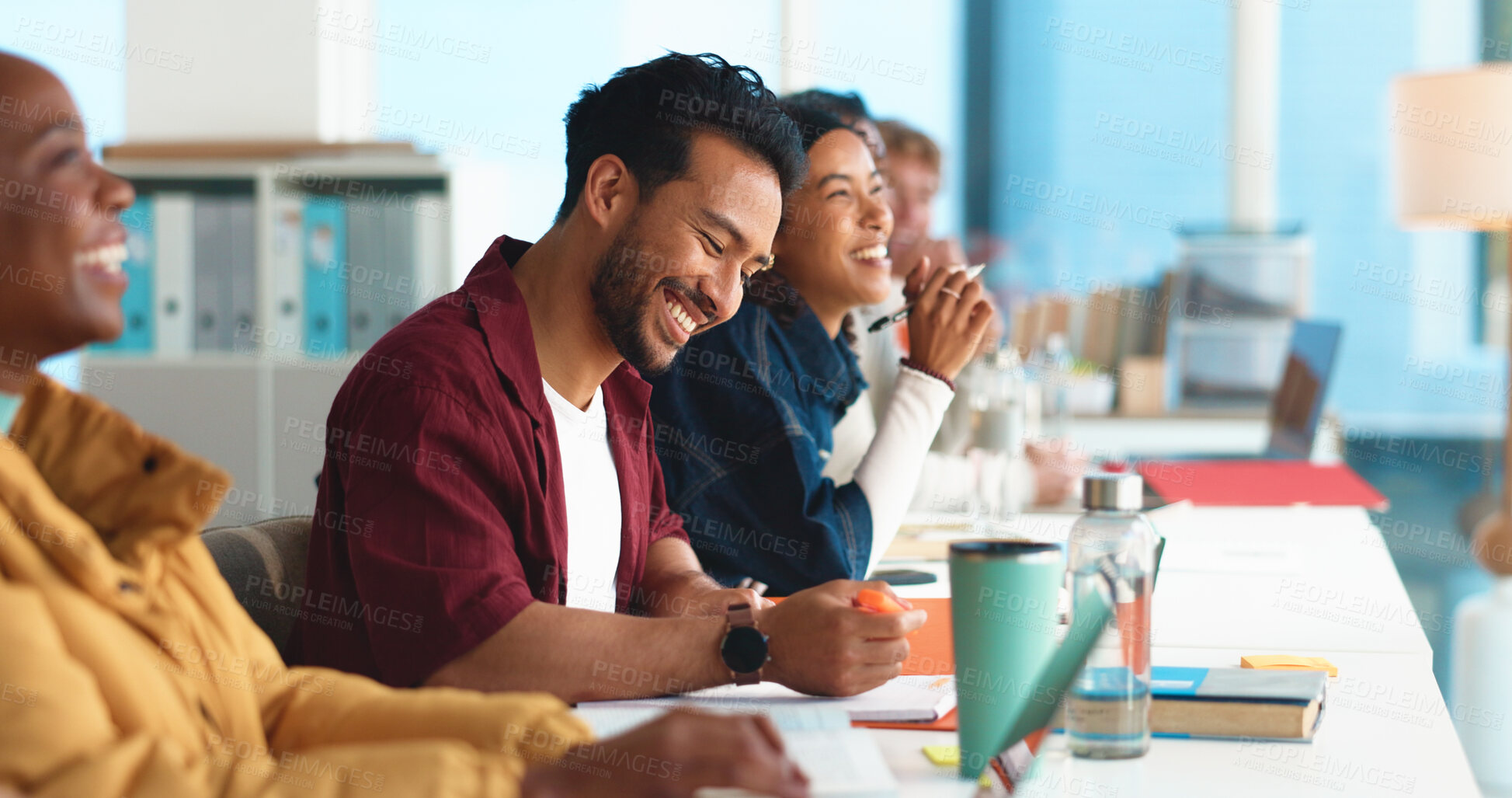 Buy stock photo University, happy and students in classroom, education and knowledge with project, joke and humor. Laughing, men and women with scholarship, college and learning with development and academy