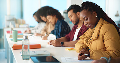 Buy stock photo University, education and students in classroom, test and knowledge with research. Academy, men and women with exam, college and learning with development, scholarship and assignment with information
