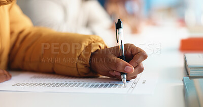 Buy stock photo Writing, test and education with hands of student for college admission, question and quiz paper. Classroom exam, scholarship assessment and answer sheet with person in university for evaluation