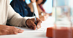 Writing, exam and education with hands of student for college admission, question and quiz paper. Classroom test, scholarship assessment and answer sheet with person in university for evaluation