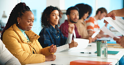 Buy stock photo University, test results and students in classroom, woman and anxiety with education. People, nervous and stress with assignment, exam fail and learning with knowledge, upset and disappointed