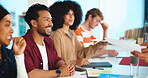 University, education and students in classroom, smile and listening with knowledge. People, men and women with happiness, development and college with assignment, learning and studying for exam