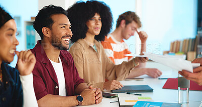 Buy stock photo University, education and students in classroom, smile and listening with knowledge. People, men and women with happiness, development and college with assignment, learning and studying for exam
