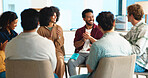 Happy people, support group and meeting with applause for thank you or congratulations in office. Excited, team or employees clapping with smile for social gathering, counseling or therapy recovery