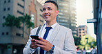 Man, phone and smile on business trip in city with contact, chat or click for booking taxi on commute. Person, happy and smartphone in urban town with mobile app, scroll and travel to workplace