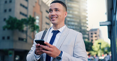 Buy stock photo Man, phone and smile on business trip in city with contact, chat or click for booking taxi on commute. Person, happy and smartphone in urban town with mobile app, scroll and travel to workplace
