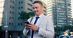 Man, phone and happy on business trip in city with contact, chat and click for booking taxi on commute. Person, smile and smartphone in urban town with mobile app, scroll or travel in Colombia