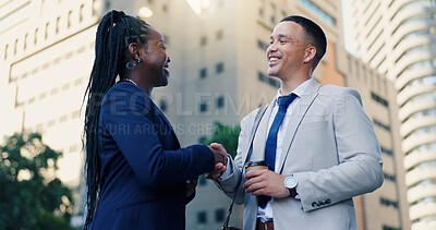Buy stock photo Handshake, meeting and business people in city, partnership or b2b deal with agreement. Employees, below or financial consultant with cooperation, shaking hands or networking with investment agency