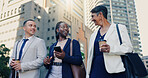 Talk, group and colleagues with coffee, city and lawyer with smile for collaboration and discussion. Outdoor, attorney and people with latte on street, morning and conversation for trial or commuting