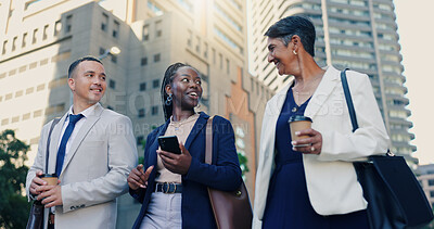 Buy stock photo Talk, group and colleagues with coffee, city and lawyer with smile for collaboration and discussion. Outdoor, attorney and people with latte on street, morning and conversation for trial or commuting