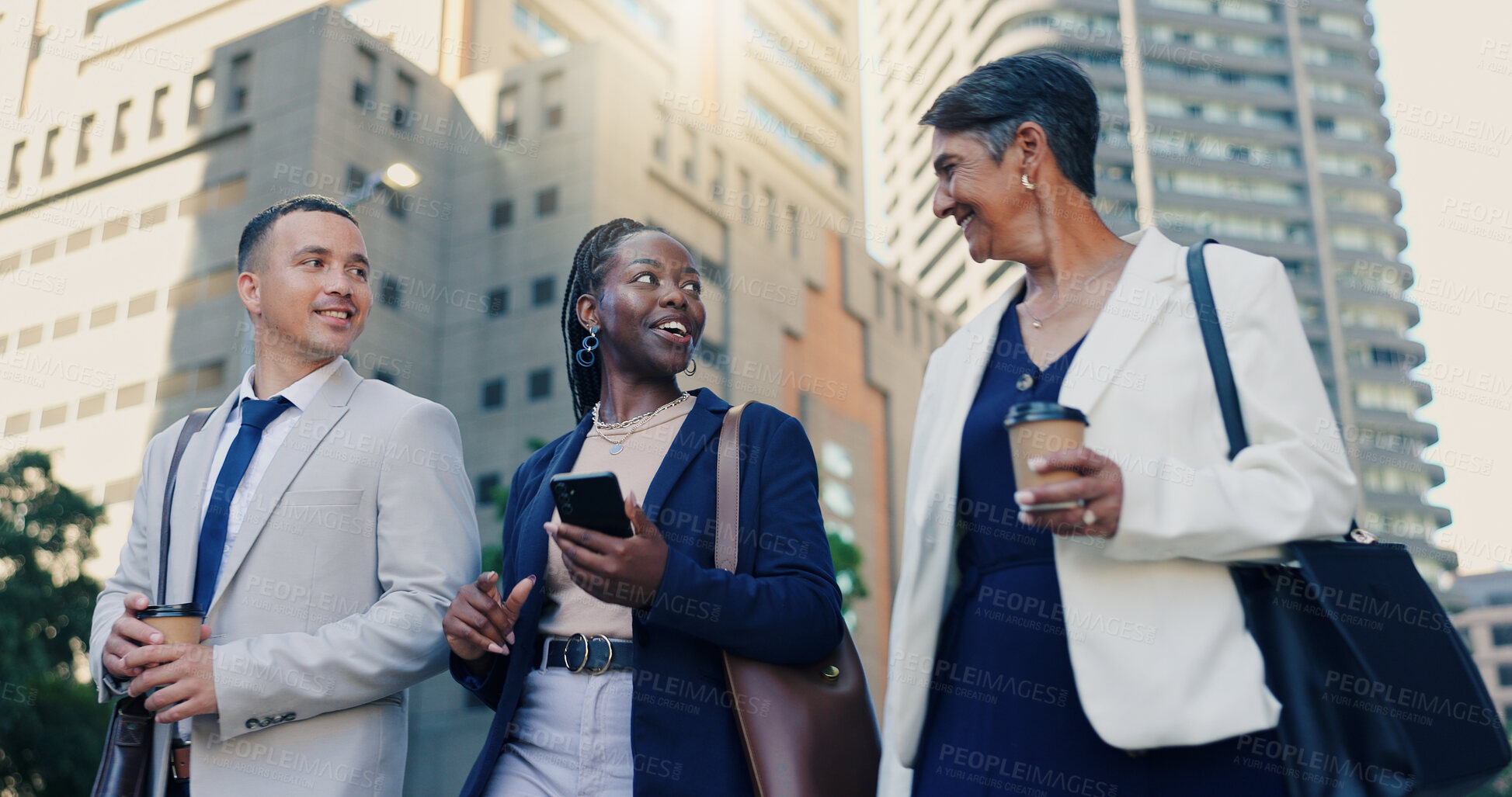 Buy stock photo Talk, group and colleagues with coffee, city and lawyer with smile for collaboration and discussion. Outdoor, attorney and people with latte on street, morning and conversation for trial or commuting