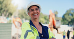 Portrait, woman and architect with confidence for construction, inspection and urban expansion. Smile, mature person and architecture management, property development and renovation of infrastructure