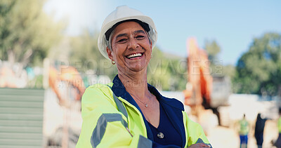 Buy stock photo Portrait, woman and architect with confidence for construction, inspection and urban expansion. Smile, mature person and architecture management, property development and renovation of infrastructure
