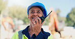Architect, woman and radio at construction site, smile and communication for building project. Mature person, engineer and contractor with property expansion, renovation and talk with inspection